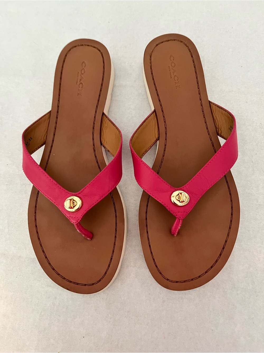 Coach Hot Pink Leather Thong Sandals with Gold Accent